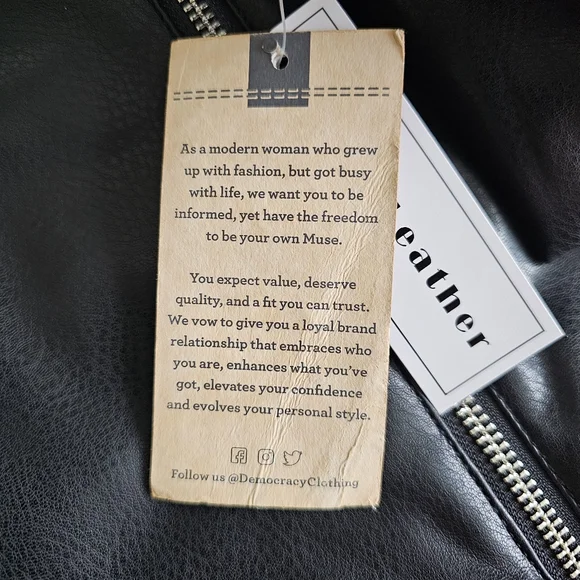 New Democracy Biker Jacket Size M Faux Leather Black Beige Zip Front Moto NWT - Picture 16 of 16